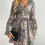 Paisley Print Layered Dress, Boho V Neck Long Sleeve Pleated Dress, Women's Clothing