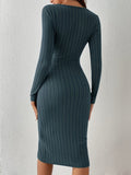 Ribbed Squared Neck Dress, Casual Long Sleeve Bodycon Dress, Women's Clothing