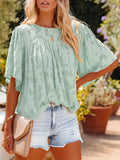 gbolsos  Casual Lace Flare Sleeve Blouse, Short Sleeve Crew Neck Solid Blouse, Casual Every Day Tops, Women's Clothing