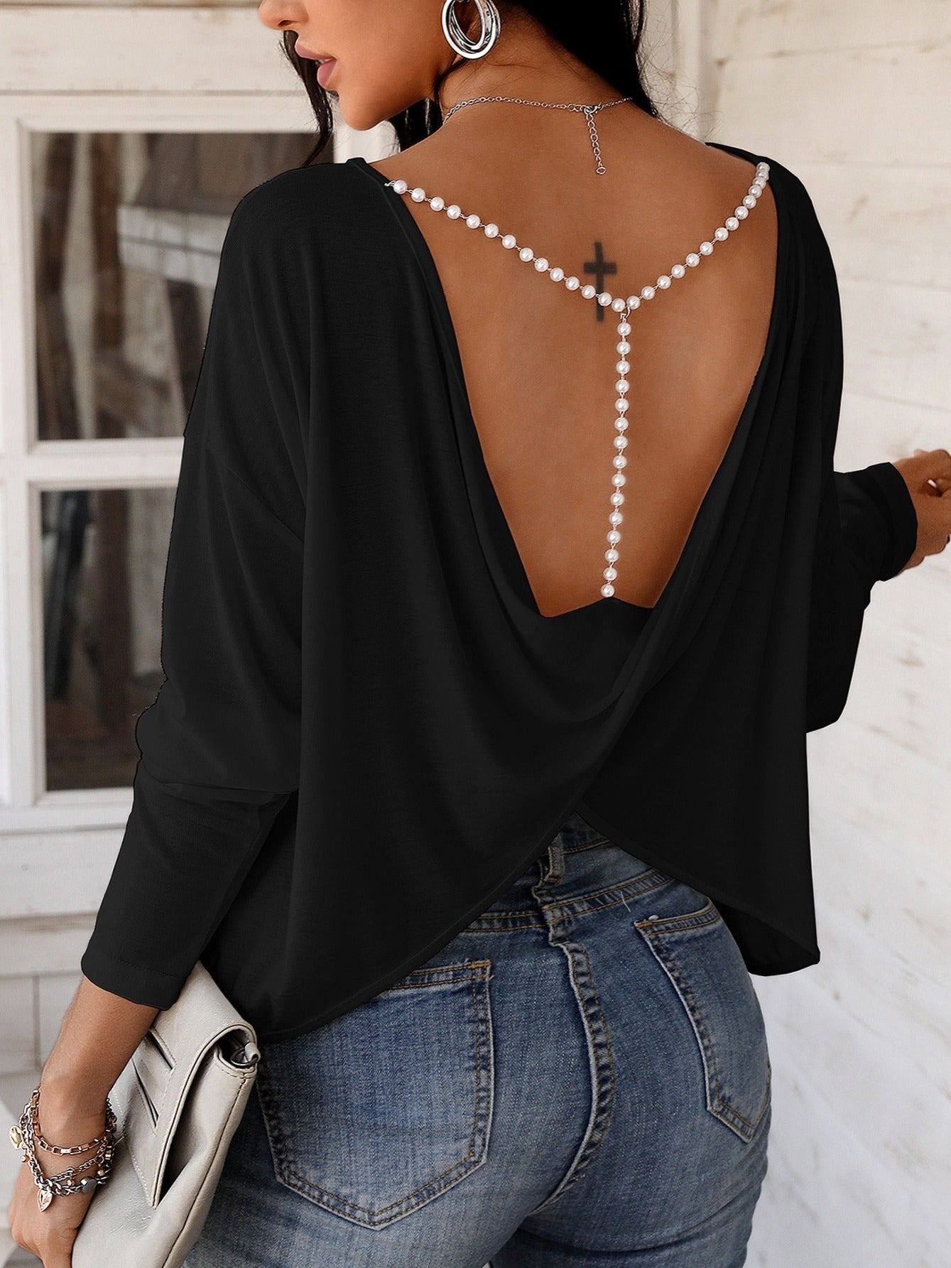 kkboxly  Black Open Back Blouse, Beaded Strap Asymmetric Boat Neck Top, Elegant Casual Tops For All Occasions, Women's Clothing