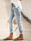 gbolsos  Blue Loose Fit Straight Jeans, Slash Pockets Ripped Holes Distressed Denim Pants, Women's Denim Jeans & Clothing