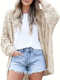 gbolsos  Plus Size Casual Cardigan, Women's Plus Plain Cable Knit Long Sleeve Open Front Cardigan