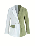 Plus Size Elegant Blazer, Women's Plus Colorblock Long Sleeve Double Breast Button Lapel Collar Blazer With Flap Pockets