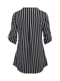 Striped Zipper Blouse, Casual 3/4 Sleeve Stand Collar Blouse, Women's Clothing