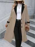 Button Front Notched Collar Coat, Casual Long Sleeve Mid Length Outerwear, Women's Clothing