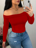gbolsos  Plus Size Basic Knit Top, Women's Plus Solid Ribbed Long Sleeve Off Shoulder Skinny Knit Top