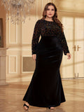 gbolsos  Plus Size Elegant Bridesmaid Dress, Women's Plus Shiny Sequin Long Sleeve Round Neck Mermaid Hem Bodycon Party Dress