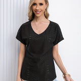 gbolsos  V Neck Eyelet T-Shirt, Solid Short Sleeve Casual Top For Summer & Spring, Women's Clothing