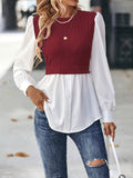 gbolsos  Color Block Stitching Blouse, Elegant Crew Neck Long Sleeve Blouse, Women's Clothing