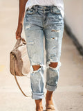 gbolsos  Blue Loose Fit Straight Jeans, Slash Pockets Ripped Holes Distressed Denim Pants, Women's Denim Jeans & Clothing