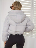 elveswallet  Solid Drawstring Pleated Slim Coat, Long Sleeve Short Length Winter Warm Top, Women's Clothing