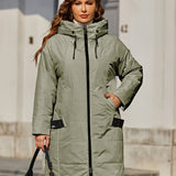 Plus Size Casual Winter Coat, Women's Plus Colorblock Long Sleeve Zip Up Drawstring Hooded Puffer Coat With Pockets