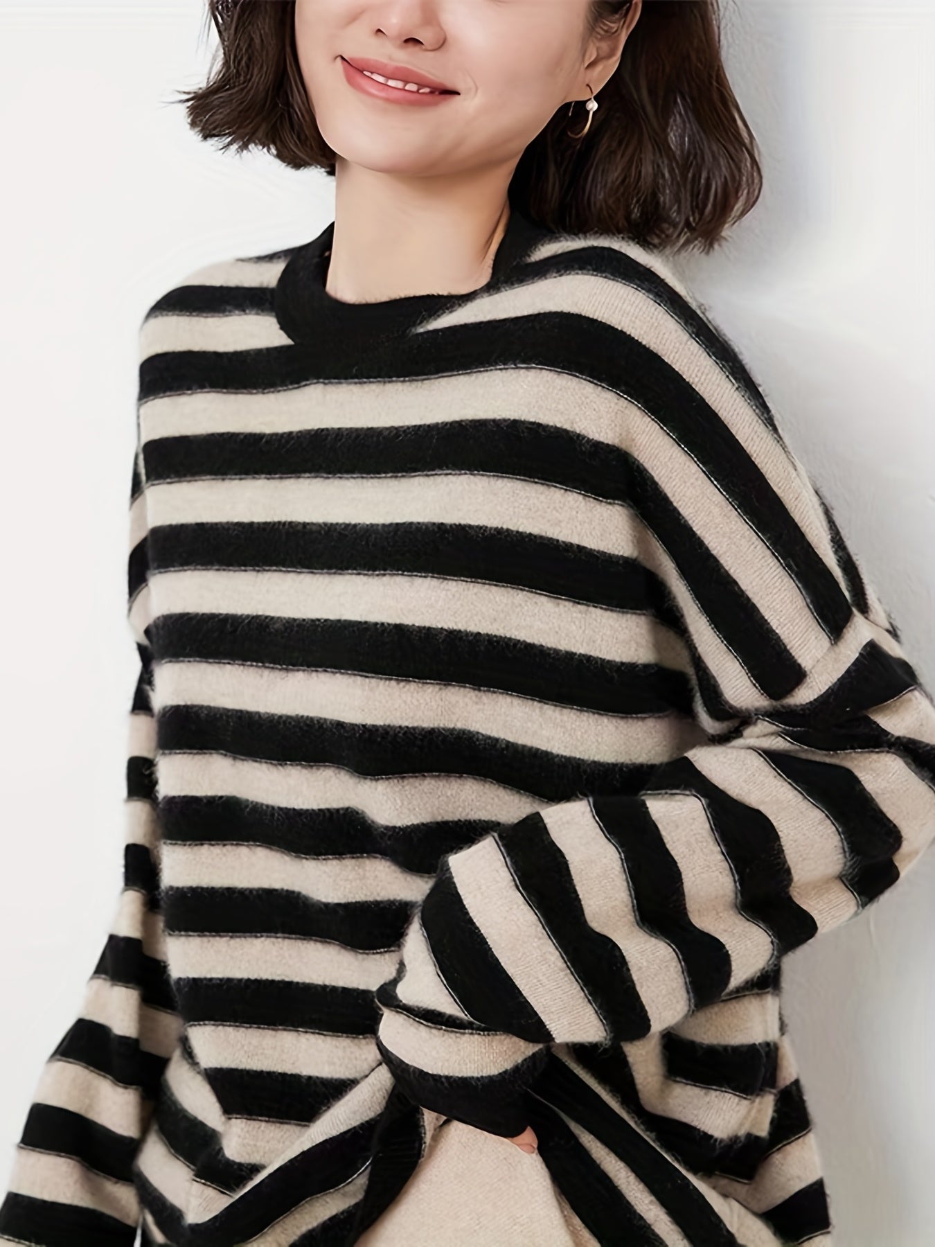 gbolsos  Striped Crew Neck Wool Sweater, Vintage Long Sleeve Loose Sweater, Women's Clothing