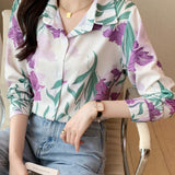 gbolsos  Floral Print Polo Collar Button Shirt, Casual Long Sleeve Shirt For Spring & Fall, Women's Clothing