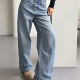 gbolsos  Loose Fit Washed Straight Jeans, Slant Pockets Non-Stretch Casual Denim Pants, Women's Denim Jeans & Clothing