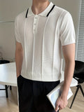 Knitting Short Sleeve Polo Shirts, V-neck Button Up Casual Tops, Men's Clothing