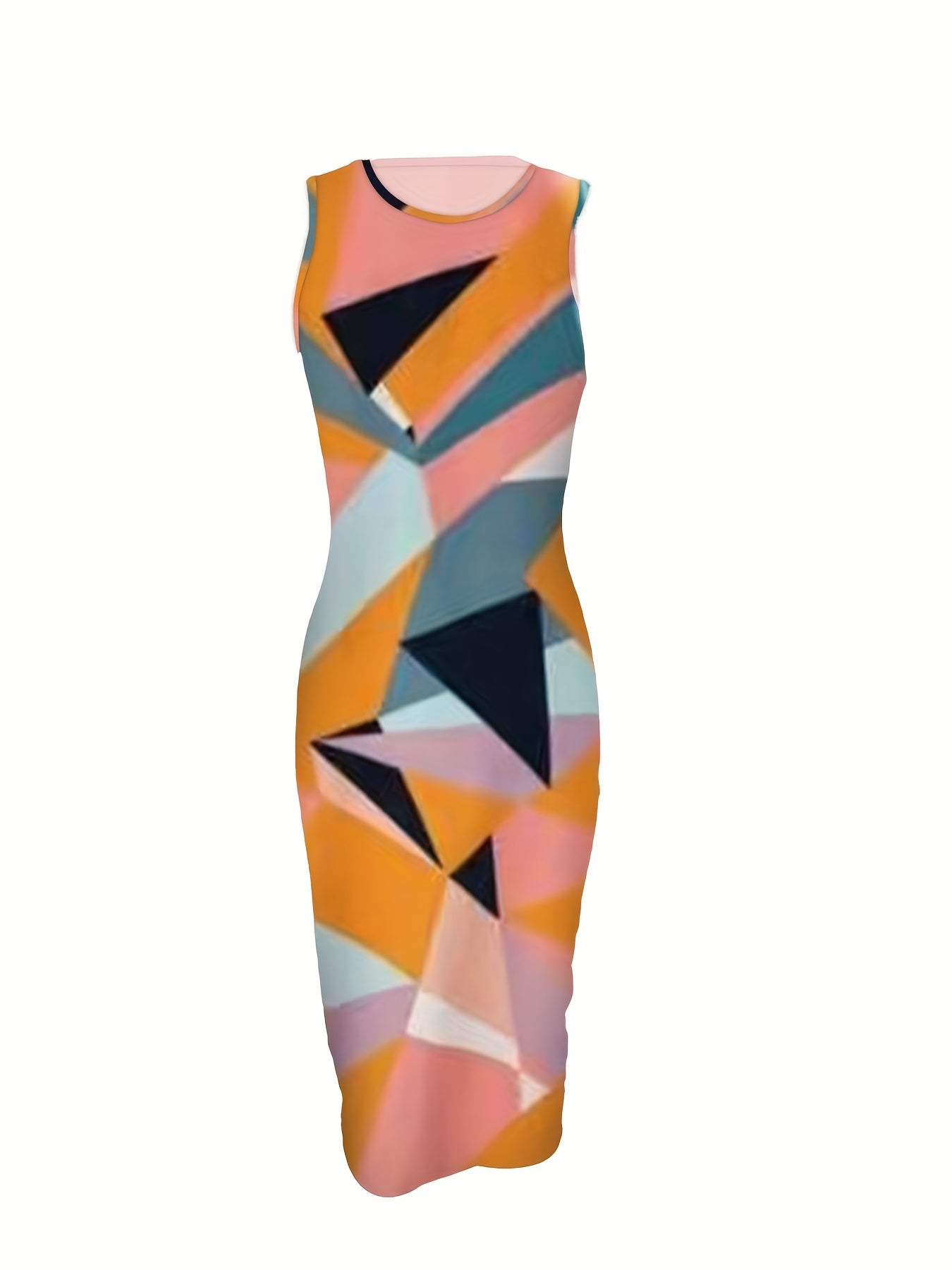 gbolsos  Contrast Color Crew Neck Dress, Elegant Sleeveless Stretchy Bodycon Midi Dress, Women's Clothing
