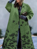 Plus Size Elegant Coat, Women's Plus Floral Silhouette Print Long Sleeve Lapel Collar Longline Woolen Coat