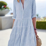 Striped Ruffle Layered Hem Shirt Dress, Casual Button Long Sleeve Tiered Dress, Women's Clothing