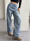 gbolsos  Loose Fit Washed Straight Jeans, Slant Pockets Non-Stretch Casual Denim Pants, Women's Denim Jeans & Clothing