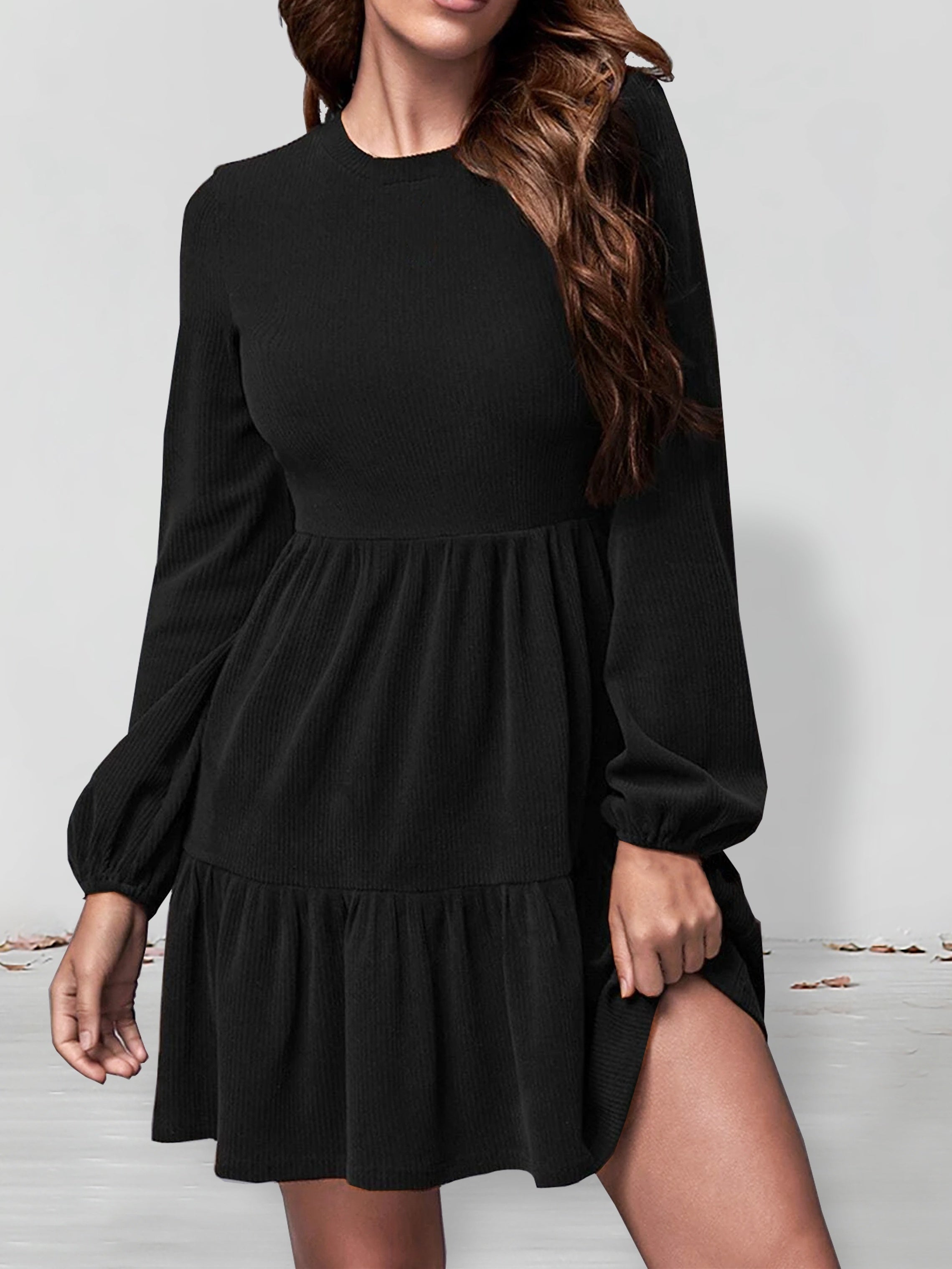 Solid Tiered Dress, Casual Crew Neck Long Sleeve Dress, Women's Clothing