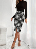 Houndstooth Print Splicing Dress, Elegant Mock Neck Long Sleeve Dress, Women's Clothing