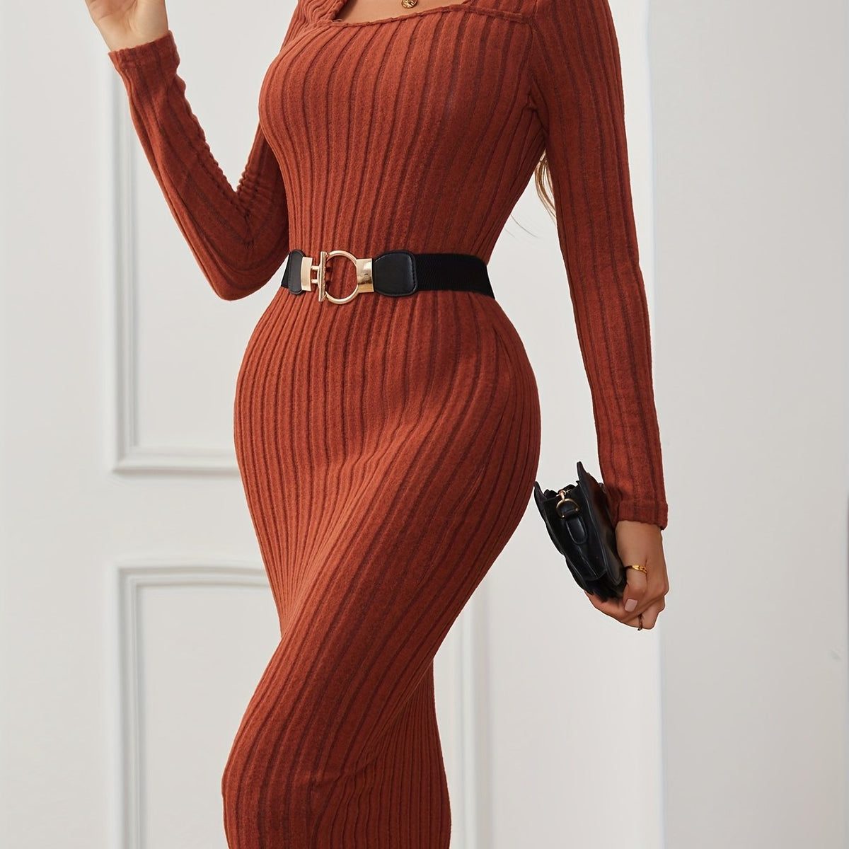 Ribbed Squared Neck Dress, Casual Long Sleeve Bodycon Dress, Women's Clothing