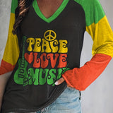 Plus Size Casual T-shirt, Women's Plus Colorblock Letter & Guitar Print Long Sleeve V Neck Slight Stretch T-shirt