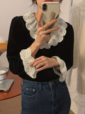 Contrast Lace Simple Blouse, Vintage V Neck Long Sleeve Blouse, Women's Clothing