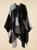 Colorblock Plaid Pattern Cape Cardigan, Casual Open Front Cardigan, Women's Clothing