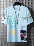 Men's Stylish Slogan Print Trendy T-shirt, Crew Neck Short Sleeve Tops, Graphic Tee Men's Clothes Summer, Men's Outfits