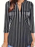 Striped Zipper Blouse, Casual 3/4 Sleeve Stand Collar Blouse, Women's Clothing