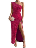 Sequined One Shoulder Split Dress, Elegant Bodycon Dress For Party & Banquet, Women's Clothing