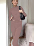 gbolsos  Solid Color Two-piece Set, Crew Neck Long Sleeve Top & Pants Outfits, Women's Clothing