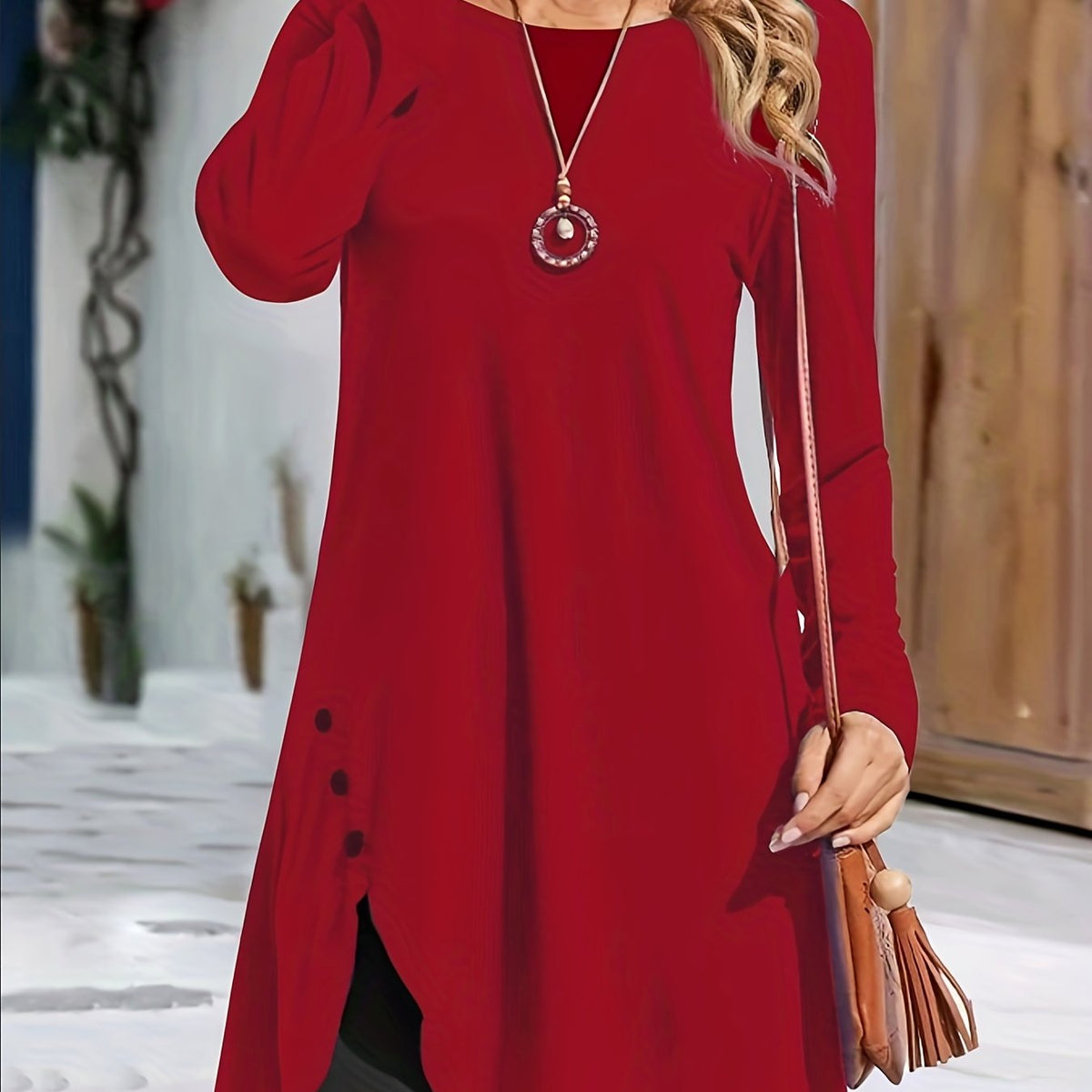 Asymmetrical Hem Solid Dress, Casual Crew Neck Long Sleeve Dress With Buttons, Women's Clothing