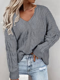 gbolsos  Plus Size Casual Knit Top, Women's Plus Solid Cable Long Sleeve V Neck High Stretch Pullover Sweater