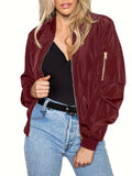 Plus Size Casual Coat, Women's Plus Solid Zip Up Lone Sleeve Bomber Jacket With Pockets