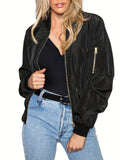 Plus Size Casual Coat, Women's Plus Solid Zip Up Lone Sleeve Bomber Jacket With Pockets