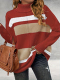 gbolsos  Plus Size Casual Sweater, Women's Plus Colorblock Long Sleeve Turtle Neck Slight Stretch Sweater