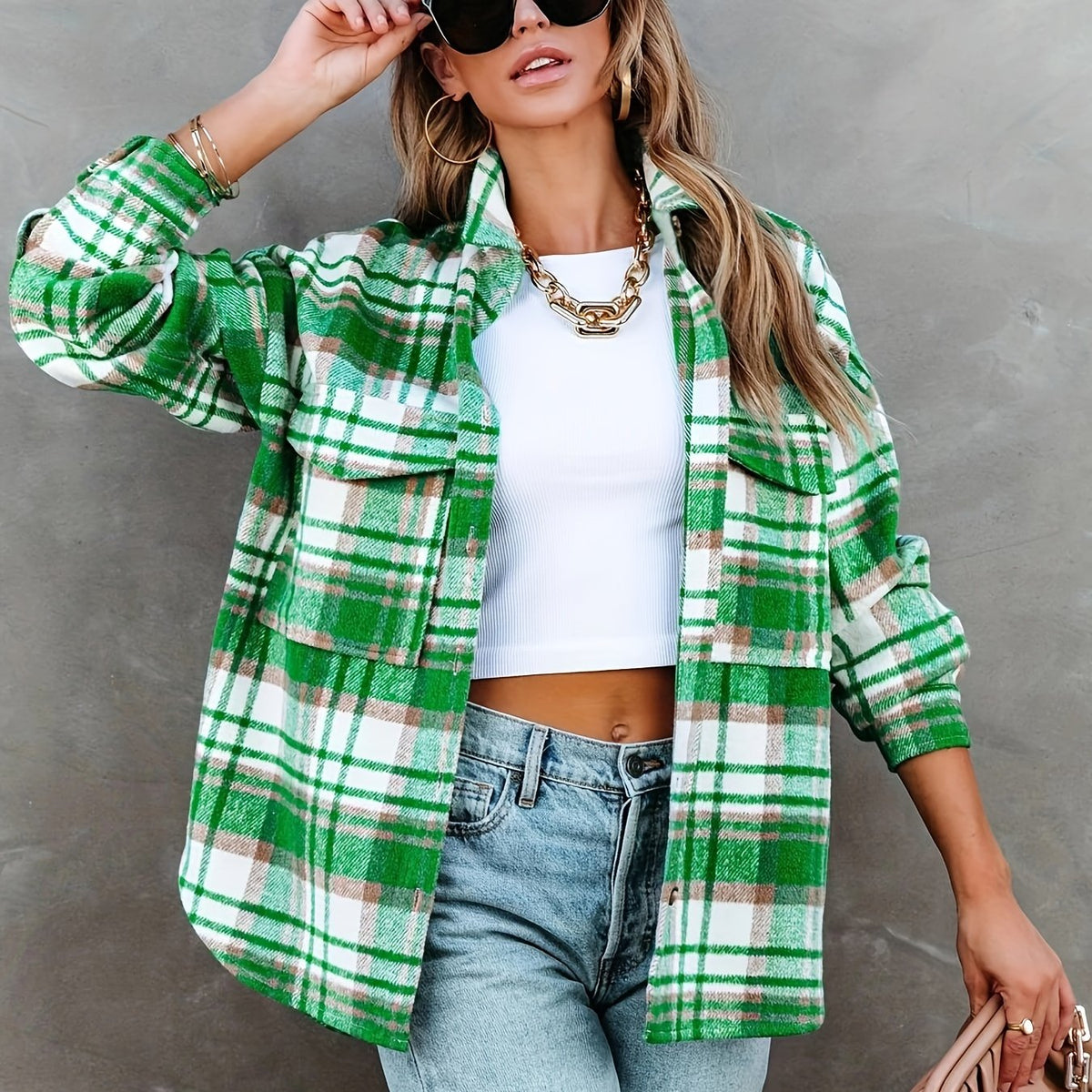 gbolsos  Plaid Button Front Jacket, Casual Lapel Long Sleeve Jacket For Spring & Fall, Women's Clothing