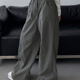 gbolsos  Drawstring Wide Leg Pants, Casual Solid Pocket Loose Pants, Women's Clothing