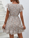 gbolsos  Floral Print Ruffle Hem Dress, Elegant V-neck Dress For Spring & Summer, Women's Clothing