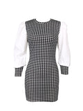 Houndstooth Print Splicing Dress, Elegant Bodycon Ruched Long Sleeve Dress, Women's Clothing