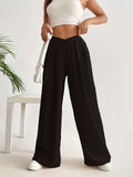 gbolsos  Solid High Waist Pants, Casual Wide Leg Ruched Pants, Women's Clothing