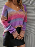 gbolsos  Plus Size Elegant Sweater, Women's Plus Stripe Print V Neck Long Sleeve Slight Stretch Sweater