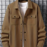 Plus Size Men's Solid Jacket With Pockets, Spring/autumn Button Up Jacket For Males, Men's Clothing