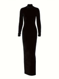 gbolsos  Velvet Mock Neck Dress, Elegant Long Sleeve Ruched Bodycon Dress, Women's Clothing