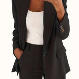 Solid Lapel Pocket Blazer, Elegant Long Sleeve Blazer For Spring & Fall, Women's Clothing