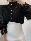 gbolsos  Women's Blouse White Lace Patchwork Shirt  Long Sleeve Hollow Out Vintage Slim Shirts Button Top Blouse