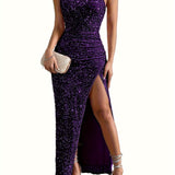 Sequined One Shoulder Split Dress, Elegant Bodycon Dress For Party & Banquet, Women's Clothing